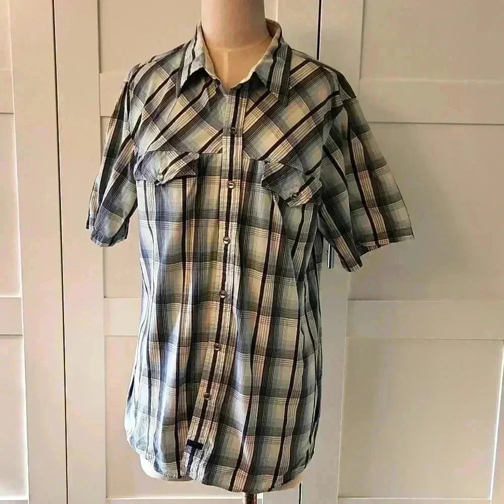 VANS Off The Wall Plaid Western Shirt Medium - Blue/Tan Graphic Back